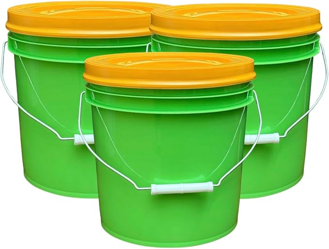 House Naturals 2 Gallon Food Grade - BPA Free Made in USA Buckets Lime Color pails with Screw On Gasket Lids (3, Lime - Orange lids)