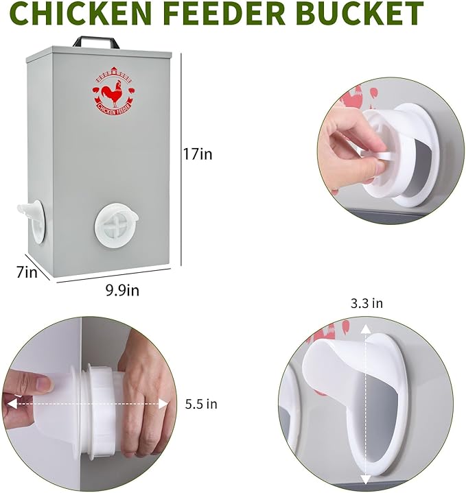 SARUFO Chicken Feeder Wall Hanging 25lb 3-Port All-Weather Metal Poultry Feeder with Plugs Wind and Rainproof Suitable for Chickens, Geese, Ducks, Turkeys, Quails