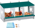 Chicken Nesting Box 3 Compartment with 10 Pet Moisture Pads and 4 Fake Eggs Roll Away Egg Collection, Perch, Lid Cover for Egg Protection - Wall Mount Nest Box for Chickens, Hens, Ducks