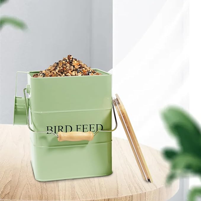 Morezi Bird treat and food storage tin with wooden lid and scoop included - green powder - carbon steel - birds food bin - pet food container storage canister