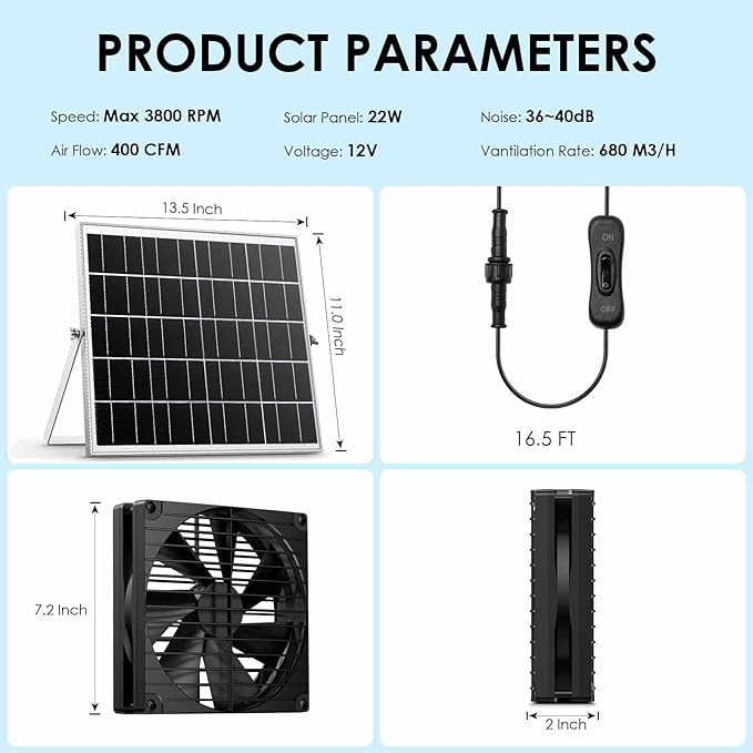7 Inch Large Airflow Solar Powered Fan Exhaust Vent for Outside Greenhouse Chicken Coop Shed Trailer, 22W Solar Panel IPX7 Waterproof Brushless DC Motor 16.5 Ft On/Off Switch Cable