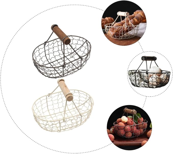 Garneck 2pcs Vintage Iron Storage Basket with Wooden Handles, Rustic Farmhouse Style Fruit and Bread Basket for Kitchen Countertop, Household Egg and Vegetable Organizer in Dark Gray