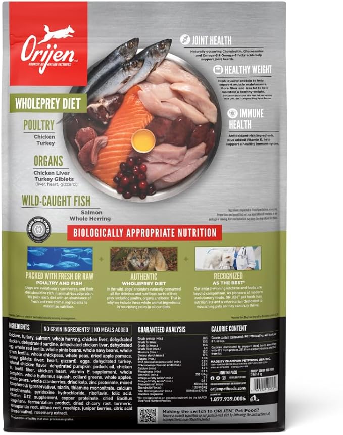 ORIJEN Grain Free High Protein Dry Dog Food Senior Recipe 13lb Bag