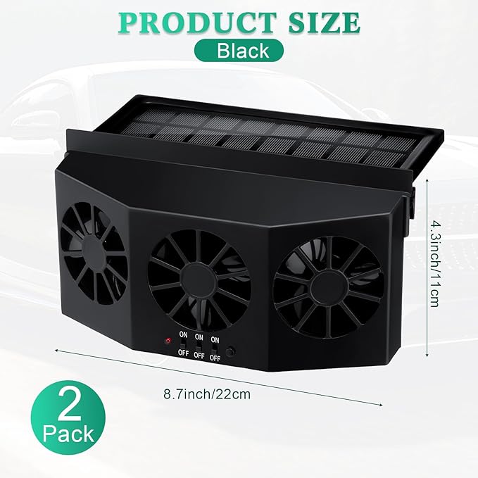 2 Pack Solar Powered Car Exhaust Fan 3 Fans Car Window 4500 RPM Air Vent Radiator Solar Energy Cooling Vent Exhaust for General Types(Solar 3 Fans,Black)