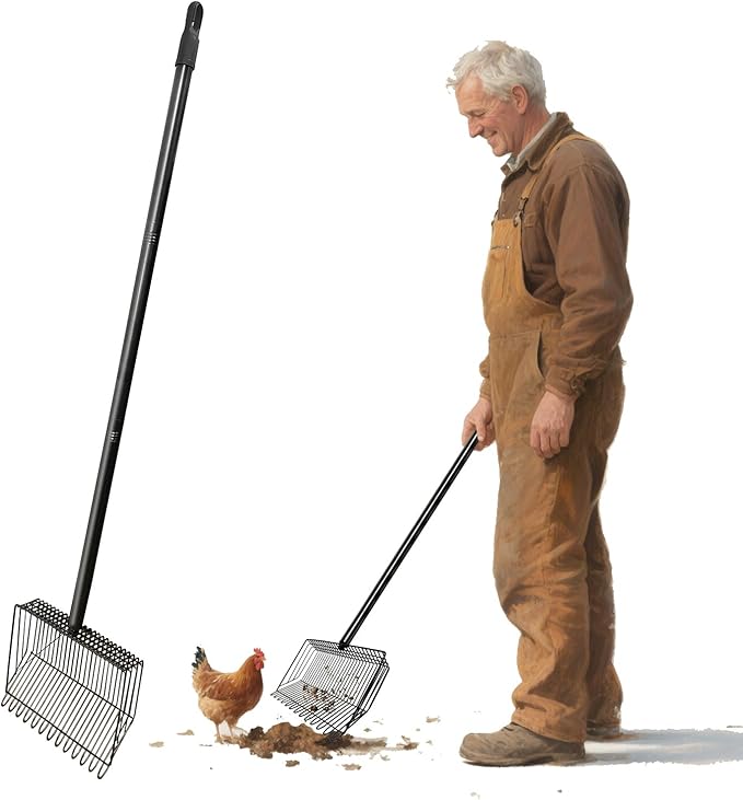 Chicken Poop Scooper & Rake 2-in-1, Stainless Steel Scooper with Adjustable Handle, Litter Scooper Sand Sifting Shovel for Chicken Poop & Pet Waste Cleaning