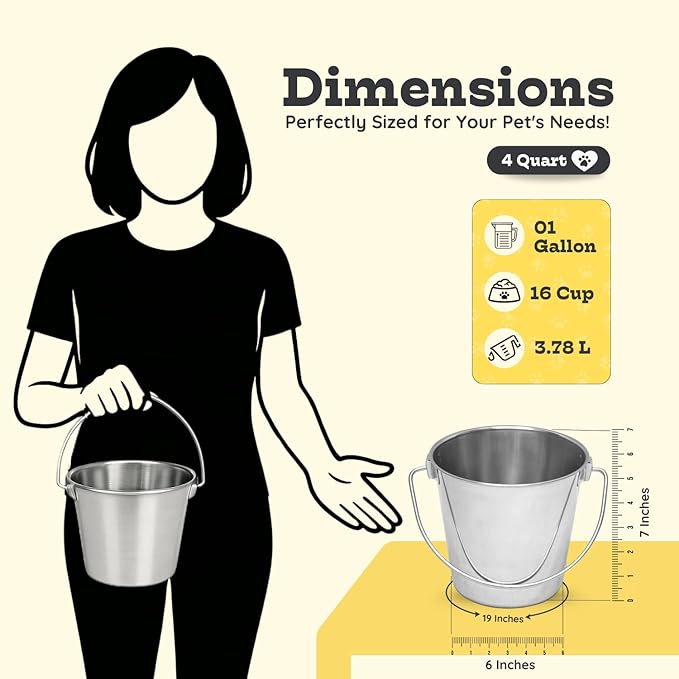 4 quart Heavy Duty Stainless Steel Round Bucket with Handle | 1 gal Durable Food & Water Bowl for Birds Dogs Cats Goat & Livestock | Fits kennel Crate Cage Farm | Hanging Utility Pet Pail