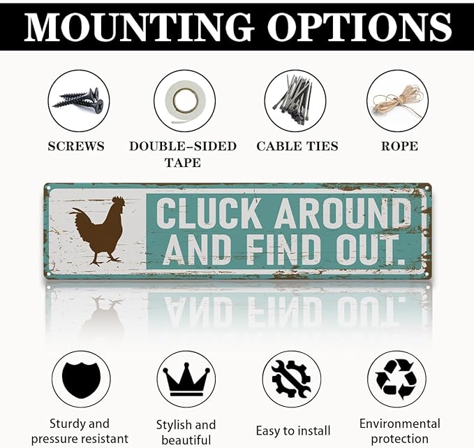 Rustic Farmhouse Style Chicken Coop Sign, Metal Outdoor Chicken House Signs, Cluck around and find out Signs, Retro Metal Tin Sign, Farmhouse Decor, Backyard Hen House Gift 15.8x4 Inch