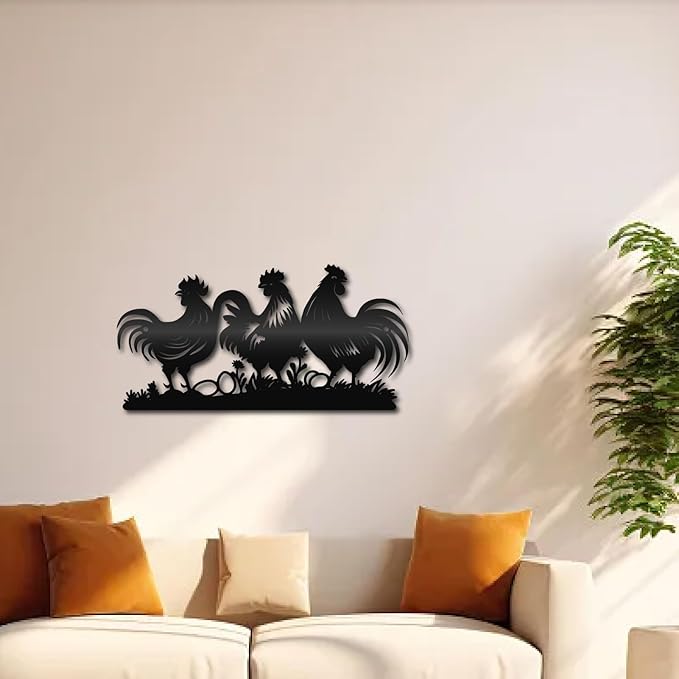 CREATCABIN Farmhouse Metal Wall Decor Hanging Sculpture Wall Art Rooster Hen Chick Egg Rustic Sign Wall Silhouette Artwork Decoration for Indoor Outside Home Office Hotel Black 11.8 x 5.9 Inch