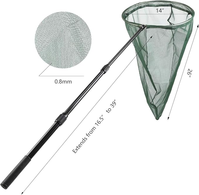 RESTCLOUD Professional Insect and Butterfly Net with 14" Stainless Ring, 26" Net Depth, Strong Aluminum Telescopic Handle Extends to 39", Full Extended to 53 Inches Green