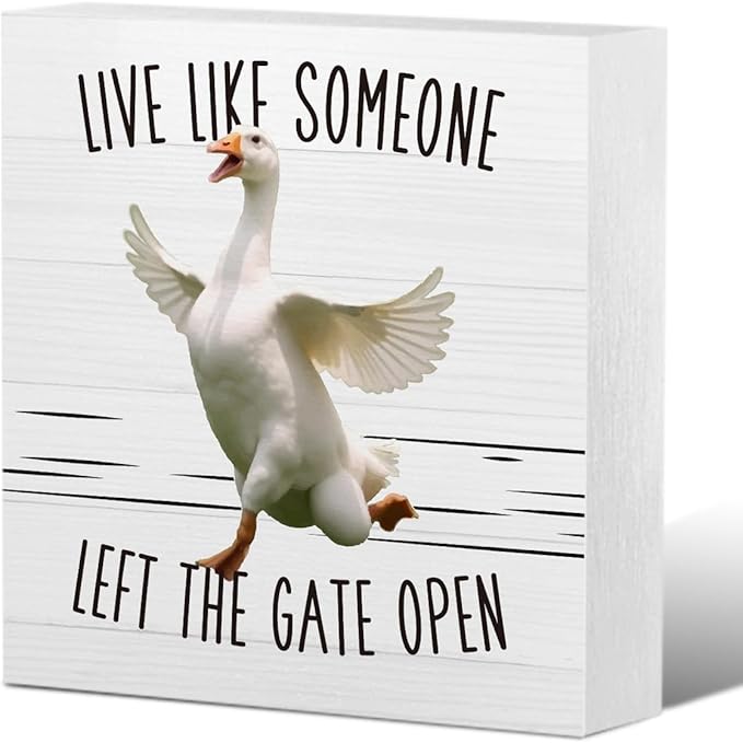 Duck Decor Sign Gifts - Live Like Someone Left The Gate Open - Wooden Box Sign for Home Farm House Kitchen Bathroom Bedroom (5x5 Inches)
