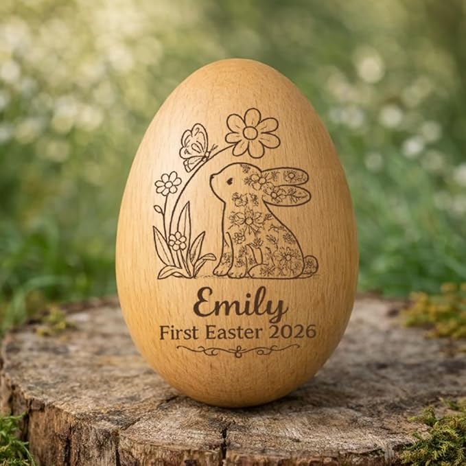 Personalized Wooden Easter Egg – Custom Engraved Bunny Name Egg, Baby First Easter Keepsake Gift, Rustic Wood Bunny Decor, Cute Basket Stuffer for Kids, Spring Holiday Gift for Baby Boy Girl
