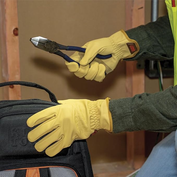 KLEIN TOOLS 60603 Work Gloves, Premium Cowhide Leather Gloves, Abrasion-Resistant Split Leather Palm Patch, Medium
