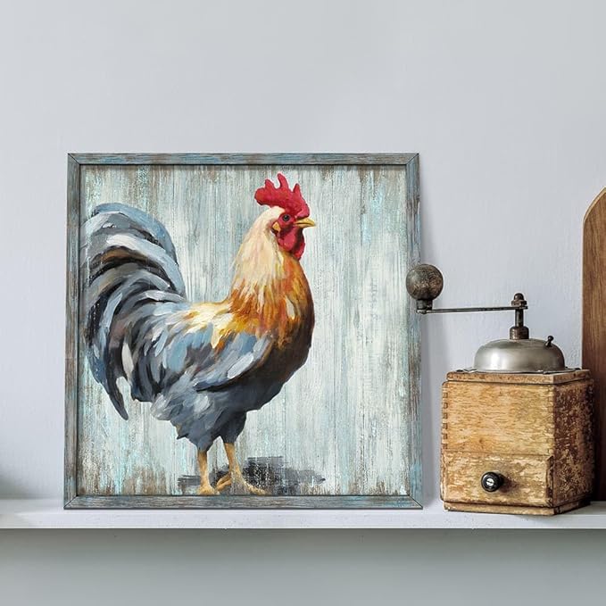 Rooster Wooden Wall Art Decor: Farm Cock Picture Country Animal Framed Artwork Rustic Farmhouse Chicken Painting is the Perfect Combination of Energy Nature for the Kitchen Bedroom 12"x12"