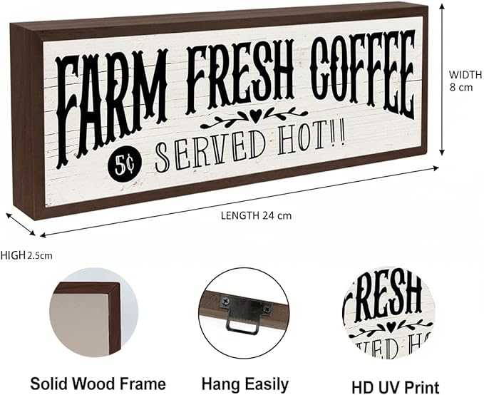 Country Style Cafe Decor, Farm Fresh Coffee Sign, Decorative Wooden Wall Plaque, Home Decor for Kitchen Bar, Cafe Decors, Housewarming Gift 9.5x3.1x1 inches
