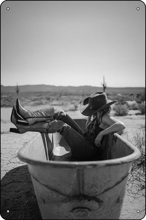 Cowgirl in Bathtub Art Americana Western Home Decor - 8 x 12 inches Vintage Metal Sign