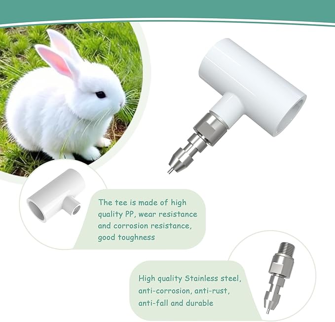 15pcs Stainless Steel Rabbit Water Nipples Automatic PVC Tees Rodent Waterering System (White, 15)