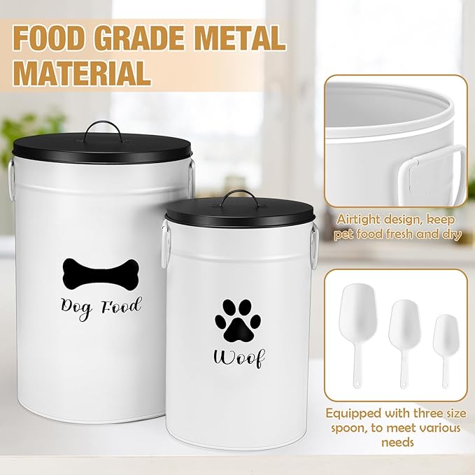 Extra Large 30+14 lbs Metal Dog Food Storage Containers Set of 2 Airtight Dog Treat Snack Jars with Lids and Spoon Farm House Style Big Pet Cookie Storage Bin for Kitchen Counter Gift