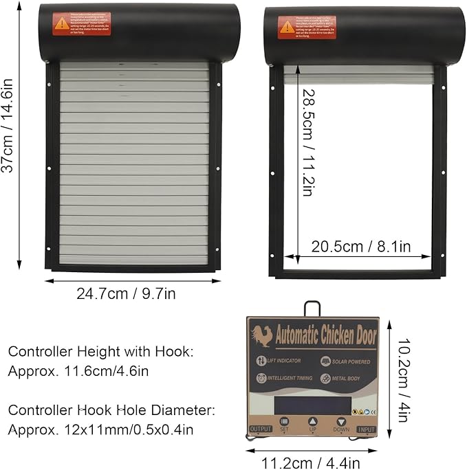 Automatic Chicken Coop Door, Solar Powered Timer Control with LED Display for Poultry Safety Duck Goose Farm, Metal Plastic Construction (Black)