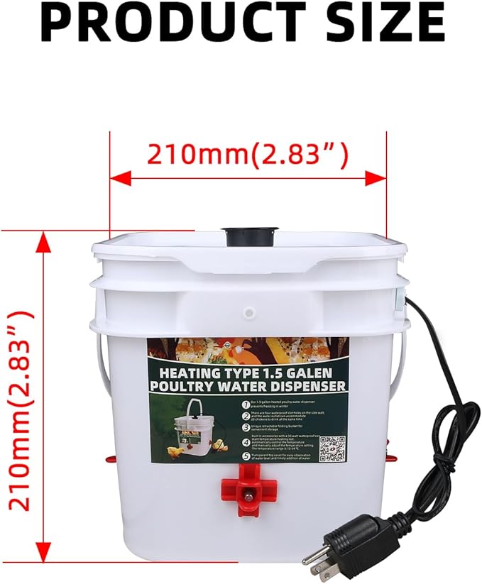 1.5 Gallon Heated Square Chicken Water Bucket, Hanging Chicken Winter Thawing Heater, Suitable for Chickens, Pigeons, Quails, and Other Large Animals 1Pcs.