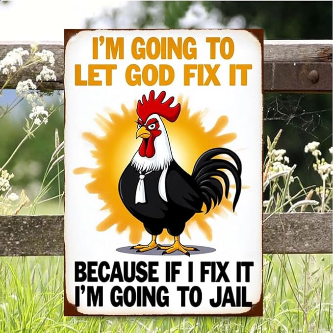 Funny Chicken Gifts Christian God Gifts I'm Going to Let God Fix It Tin Sign for Home Farm Chicken Coop Farmhouse Kitchen Garden Decor 8 X 12 Inch
