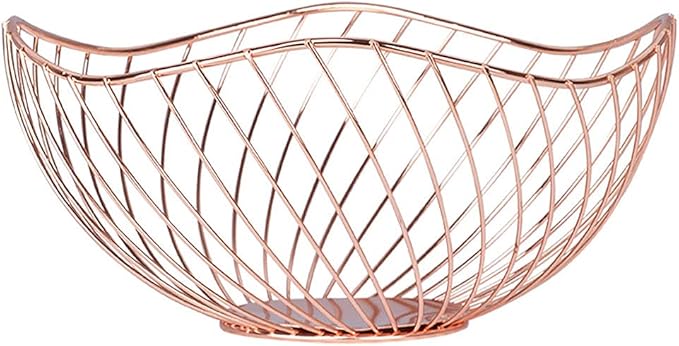 IBWell High Style Curved-Edge Modern Creative Stylish Single Tier Dish,Metal Iron Wire Fruit Vegetables Bread Decorative Stand Serving Bowls Basket Holder (Rose Gold-Twill)