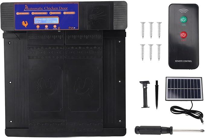 Solar Automatic Chicken Coop Door, Double Open Type Remote Control Timing Poultry Door, Light Sensing Solar Powered Chicken Coop Opener with Anti Pinch Safety for Duck Goose Farm, (Black)