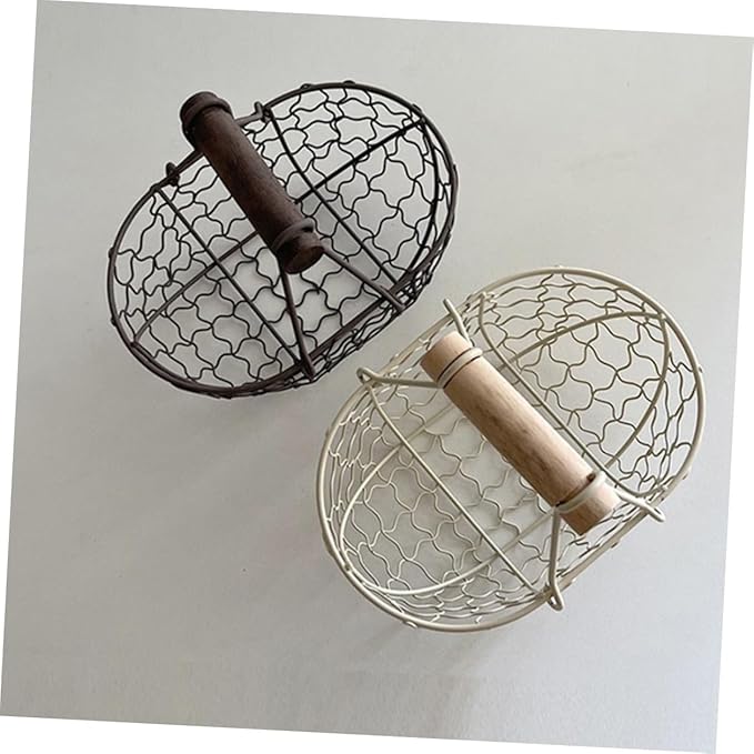 Luxshiny 2pcs White Iron Wire Mesh Basket with Wooden Handle, Farmhouse Style Fruit and Egg Storage Organizer for Kitchen Counter and Tabletop