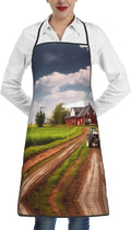 Kitchen Apron For Women Men Waterproof Heat Insulation Cooking Aprons Country Road With Farm And Tractor Bib Apron With Large Pockets For Chefs, Bbq, Baking, Gardening, Salon
