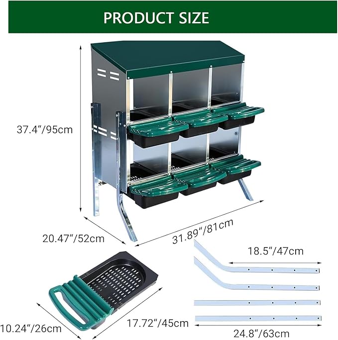 Chicken Nesting Boxes, 6 Holes Metal Chicken Egg Laying Box with Swing Perch and Rollout Egg Collection,for Various Chicken Breeds with Stand - Green 0.6mm