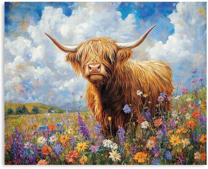 Yidepot Highland Cow Canvas Wall Art: Flowers Farmhouse Artwork, Cow Pictures Bedroom Decor Ready to Hang 12x15inch