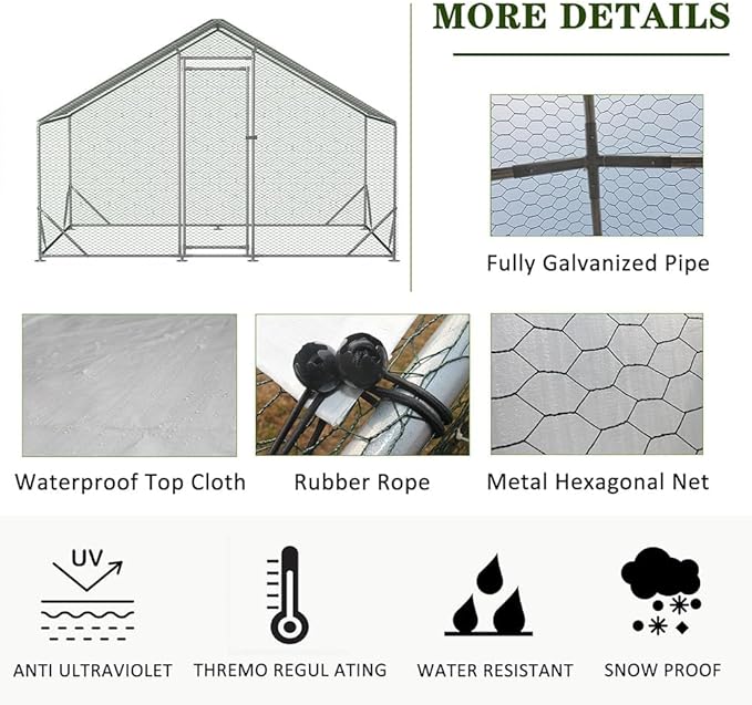 Large Metal Chicken Coop,Walk-in Poultry Cage,Outdoor Hen Run House with Waterproof and Anti-Ultraviolet Cover Rabbits Habitat Cage for Outdoor