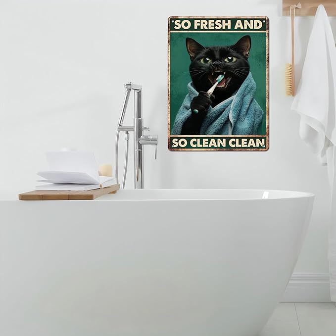 Vintage Black Cat Tin Sign So Fresh And So Clean Clean Retro Wall Decor Decorations for Home Funny Cats Lovers Poster Indoor Store Cafe Toilet Bathroom Restroom Bar Pubs Farmhouse 12 * 16inch