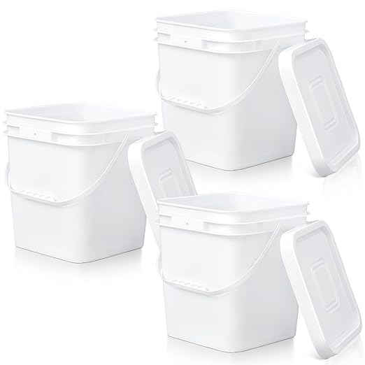 Mumufy 3 Pcs 3.5 Gallon Square Food Grade Bucket with Lid Square Bucket Pail Plastic Handles for Long Term Food Storage, Camping, Fishing, Home Organization Easy Stack and Store (White)