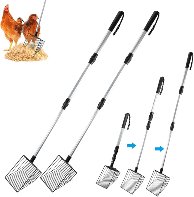 2 Pack Chicken Poop Scooper, Stretchable Litter Scooper for Chicken(22.4 to 42 Inch), Detachable Chicken Coop Cleaning Tools, Heavy Duty Poop Shovel for Chicken Coop Accessories