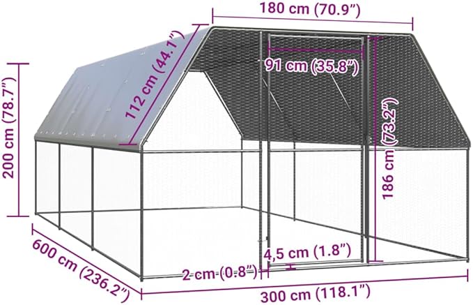 Galvanized Steel Chicken Coop 118 x 118 x 79 in Outdoor Kennel Silver Rectangle Frame with UV-Resistant Cover Large Poultry Cage for Backyard Flock and Garden Use