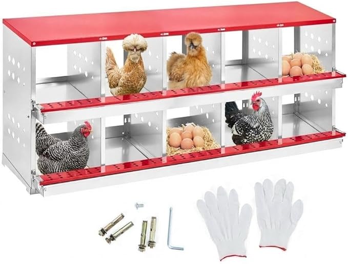 Heavy Duty Metal Chicken Nesting Box – 10 Compartments, Roll-Out Egg Collection, Pull-Out Tray, Swing Perch, Wall Mount, Easy Clean, for Hens, Chickens & Ducks, Indoor/Outdoor, with Cover-Red,