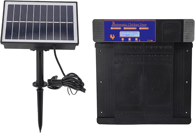 Automatic Chicken Coop Door Opener, Solar Battery Powered with LED Display, Timer Function, Double Doors Electric for Chickens, Ducks, Geese, Easy to Set Opening and Closing Time (Black)