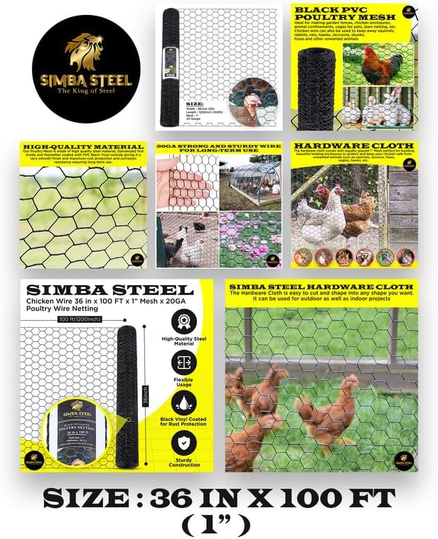 36” x 100 FT PVC Hexagonal Poultry Netting Chicken Wire | 1" Mesh | 20 Gauge | Black PVC Vinyl Coated | Rust Proof | for Garden, Fence, Chicken, Rabbit, Pet Enclosure