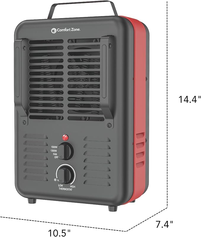 Comfort Zone 1500W Milkhouse Style Electric Utility Heater – Portable Workshop & Garage Space Heater with Adjustable Thermostat, 2 Heat Settings & Fan – All-Metal Heavy-Duty Design – Yellow/Black