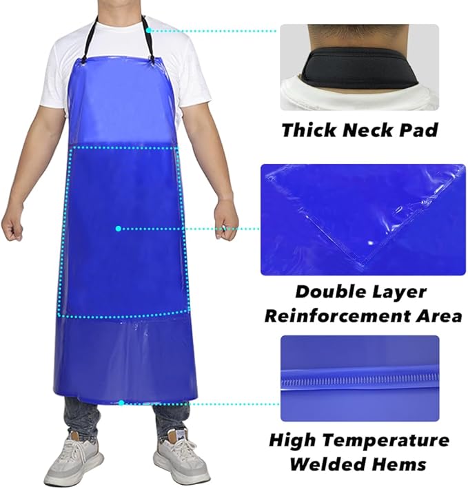 Waterproof Rubber Vinyl Work Apron -42.5" x 33.8" Plus Size Double Reinforced Chemical Resistant PVC Blue Bib Apron