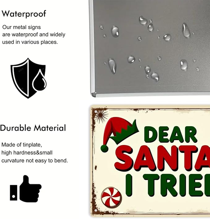 Dear Santa I Tried Tin Sign Vintage Christmas Dear Santa I Tried Metal Sign Print Aesthetic for Garden Yard Bar Porch Home Bedroom Kitchen Wall Decor Gift 8 X 12 in