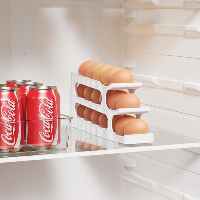 Sotfamily Egg Holder for Fridge, 3 Tiers Auto Rolling Egg Storage Organizer for Refrigerator, Slim Space Saving Container, Dispenser - Egg Roller for Eggs 18 Count