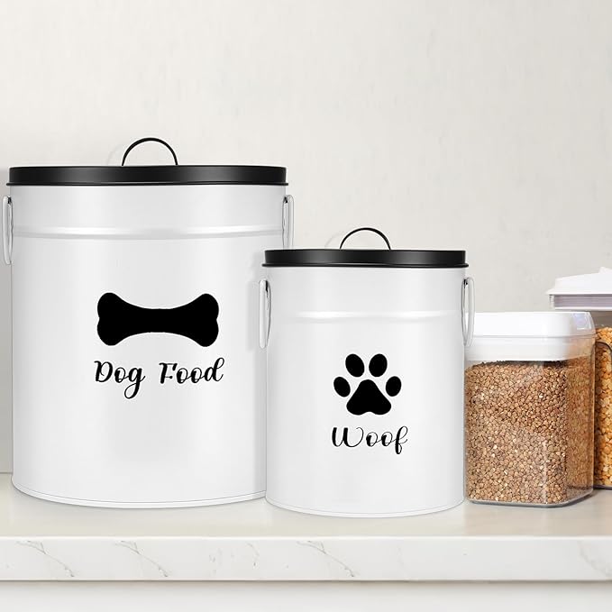 Extra Large 23+10 lbs Metal Dog Food Storage Containers Set of 2 Airtight Dog Treat Snack Jars with Lids and Spoon Farm House Style Big Pet Cookie Jar for Kitchen Counter Gift