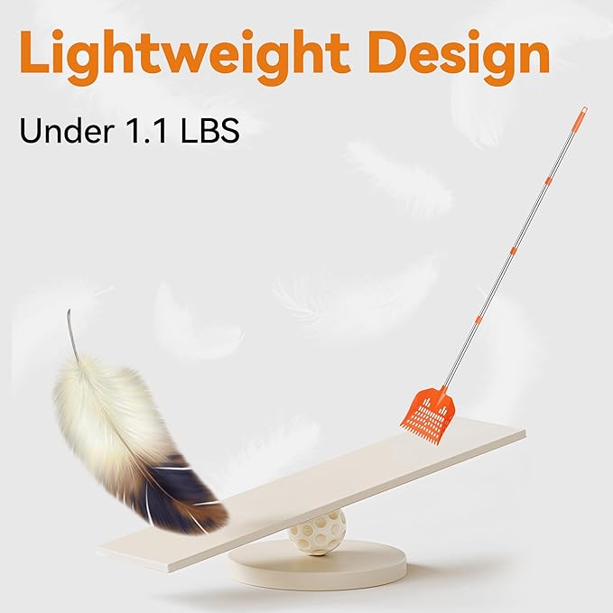Chicken Poop Scooper with Rake - Lightweight Chicken Poop Shovel for Small Farm Animals - Sand Sifting Shovel with Adjustable Long Handle (38-67'') - Easy to Use for Women & Seniors (Orange)