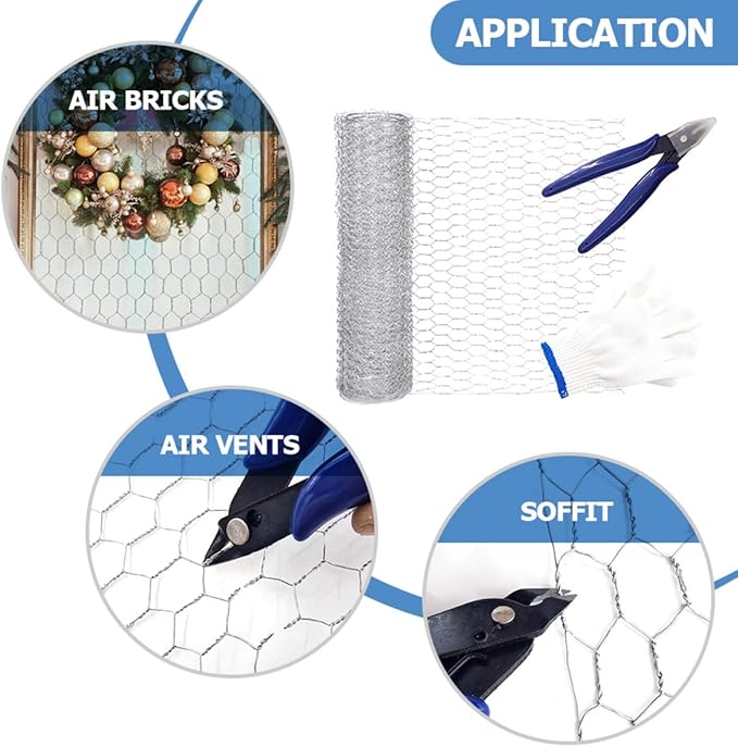 Hexagonal Galvanized Wire Mesh Fence Wire Netting for Poultry and Garden Use 0.4m X 5m Roll with Cutting Pliers and Protective Gloves for Outdoor Plant Support and Craft Projects