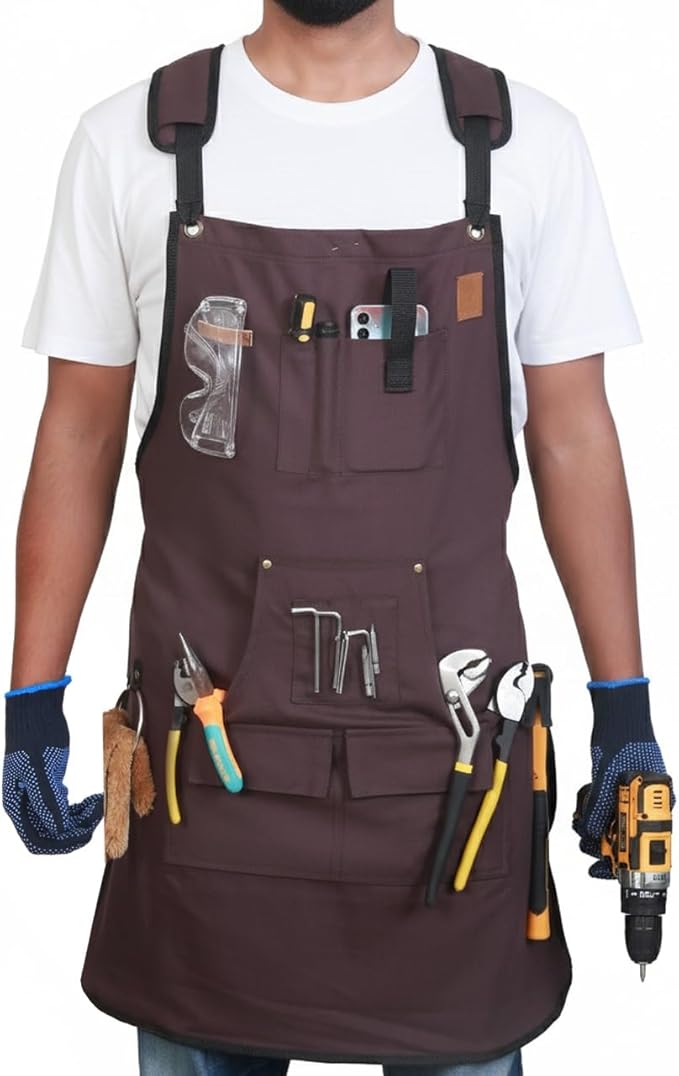 Woodworking Apron for Men - 9 Reinforced Pockets Durable Canvas Padded Cross Straps - Woodworking Gifts for Men