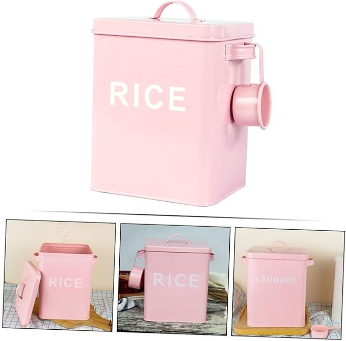 Mobestech Pet Food Storage Bucket with Airtight Seal and Measuring Cup, Metal Grain Storage Bin for Dog and Cat Food, Moisture-proof Rice Container Suitable for Household Use, Pink
