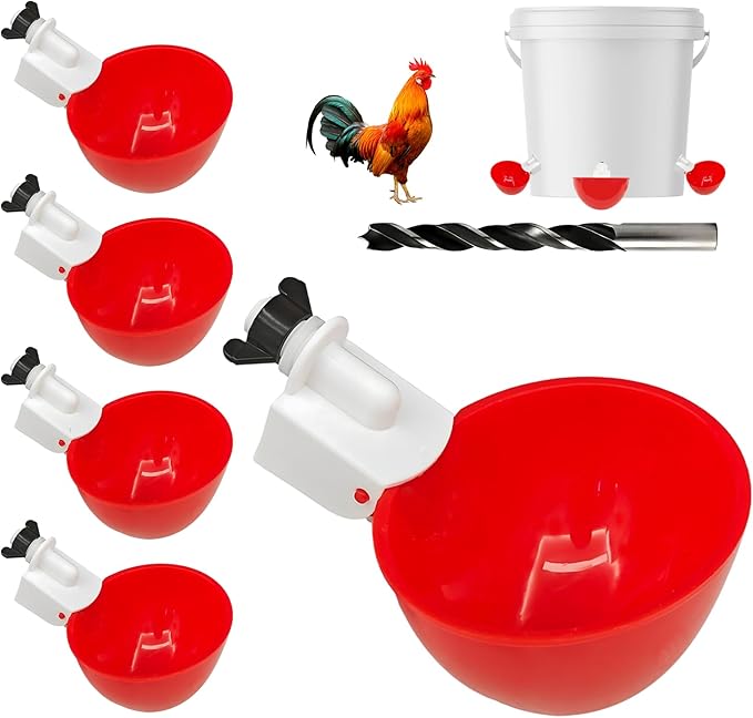 5PCS Chicken Waterer Cups, Red Automatic Poultry Watering Cups, Tee Fittings Poultry Waterer with Mounting Hole Opener,Ideal for Chicken Coop, Ducks, and Backyard Poultry