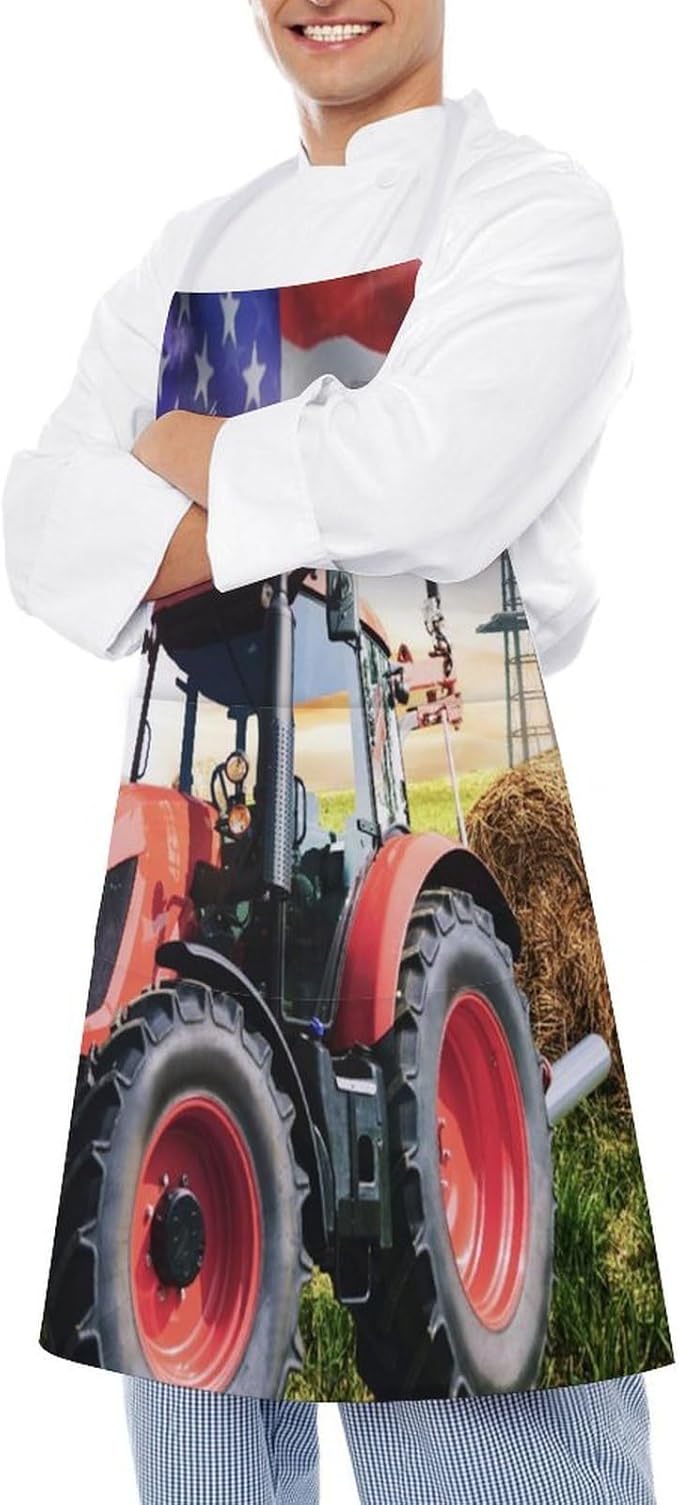 Vintage Watercolor Old Tractor Kitchen Apron, Oil Painting Western Farmhouse Harvest Farm Sunflower Tractor Apron