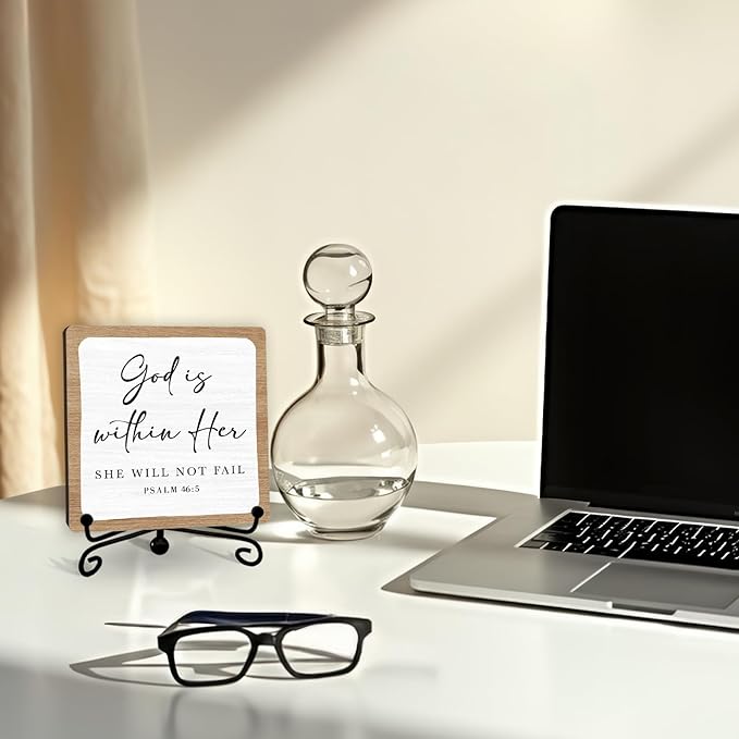 Religious Gifts for Women, 5 Inch Rustic Bible Verse Decor, Inspirational Wooden Plaques for Home Office, God Is Within Her She Will Not Fail Sign - A11